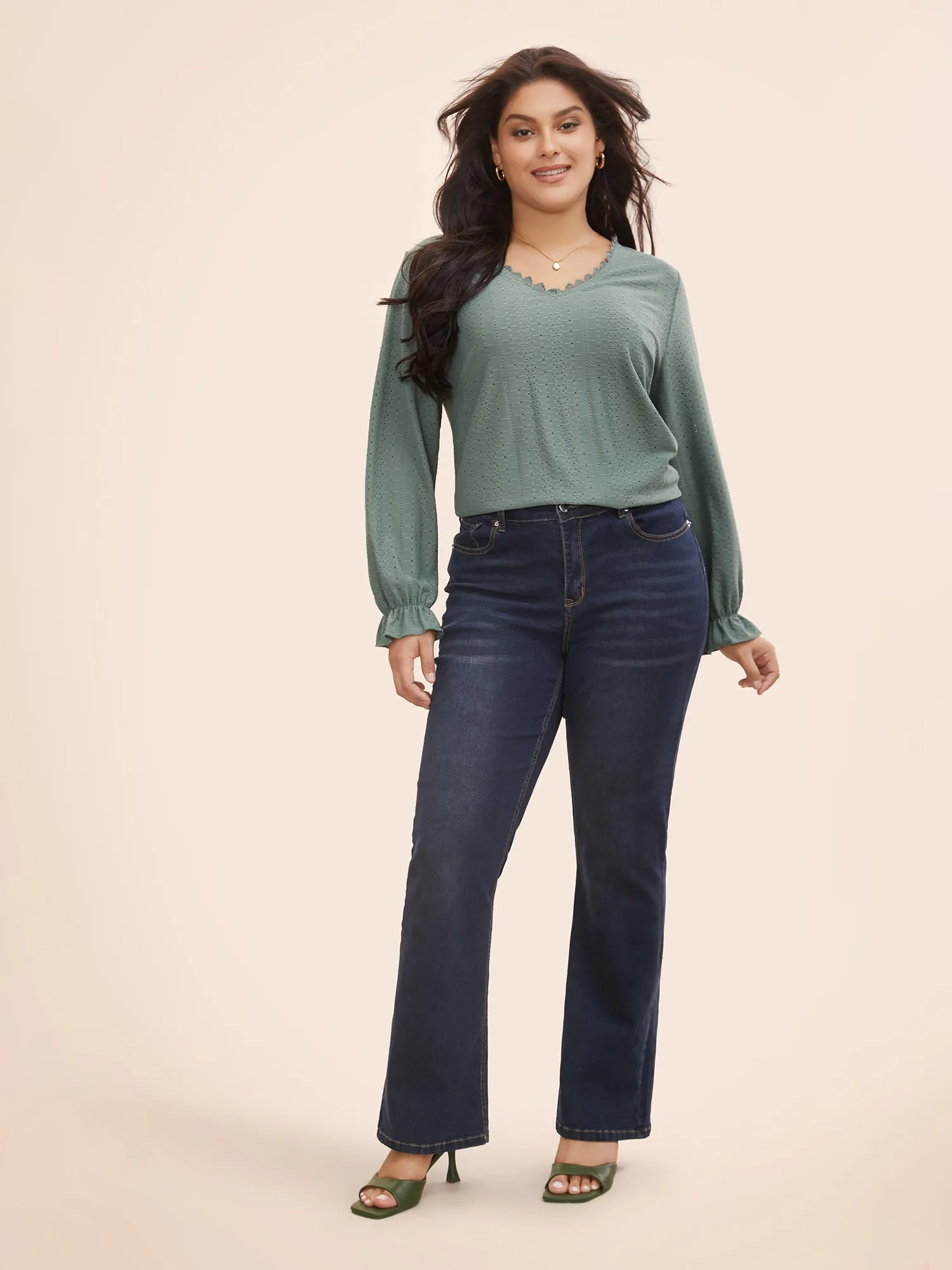 Solid Lace Panel Lantern Sleeve T-shirt sold by Bloomchic product image thumbnail 3