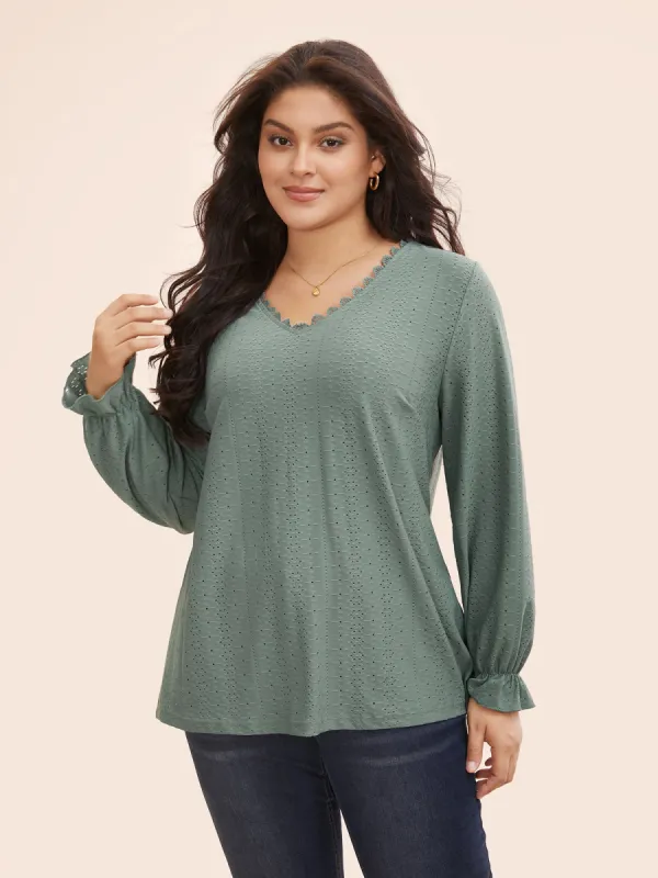 Solid Lace Panel Lantern Sleeve T-shirt sold by Bloomchic
