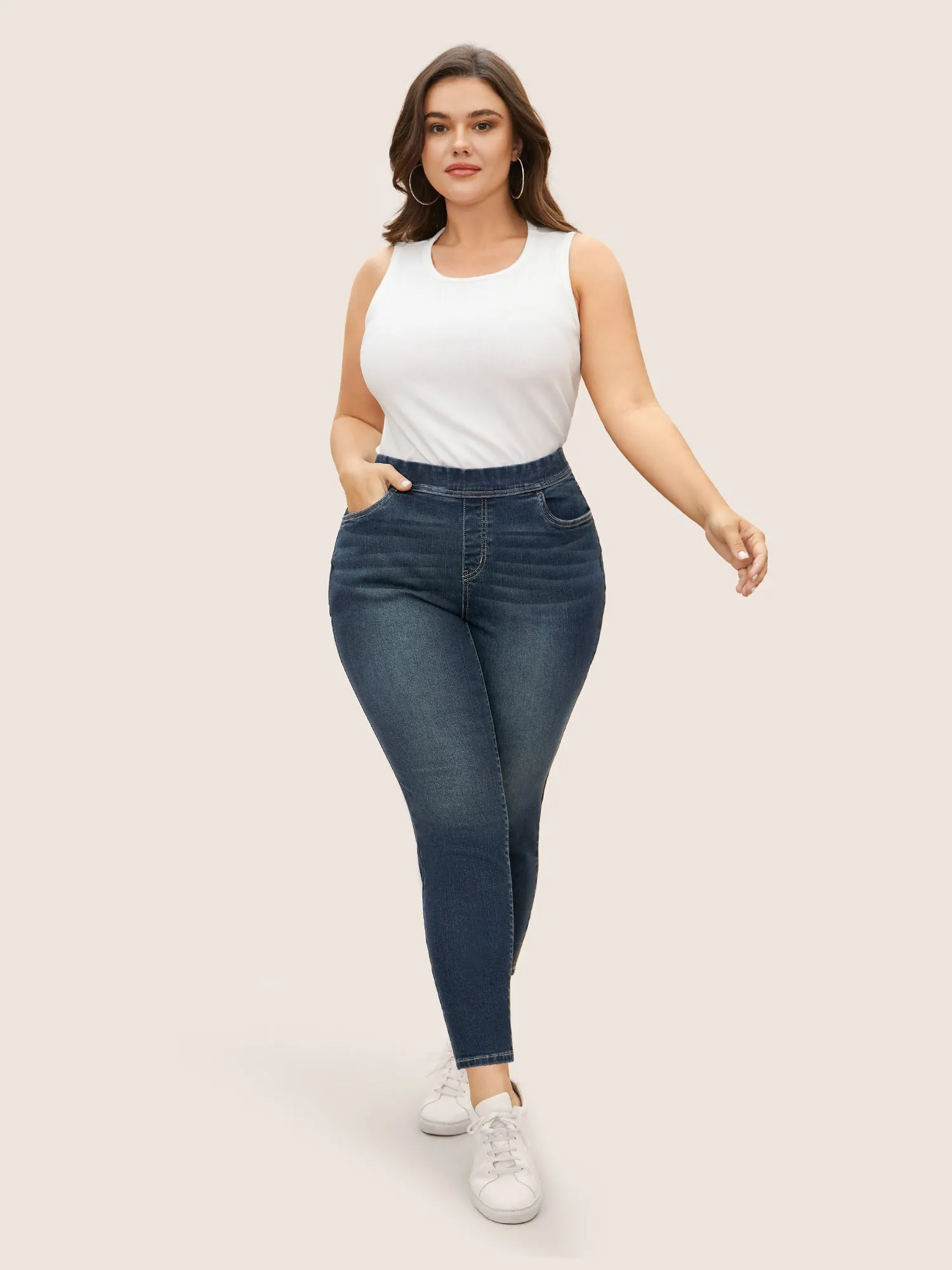 Dark Wash Elastic Waist Slim Cropped Jeans sold by Bloomchic product image thumbnail 3
