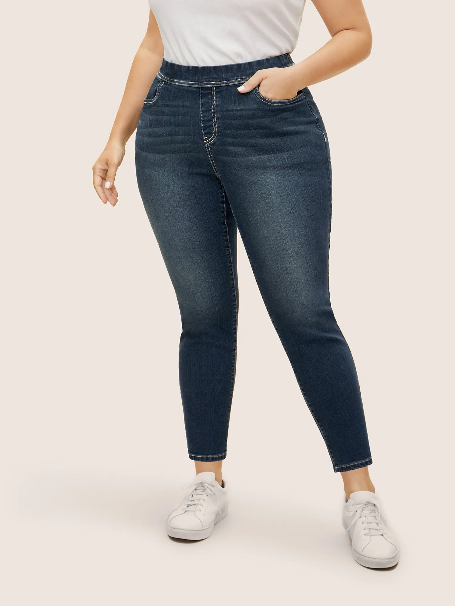 Dark Wash Elastic Waist Slim Cropped Jeans sold by Bloomchic