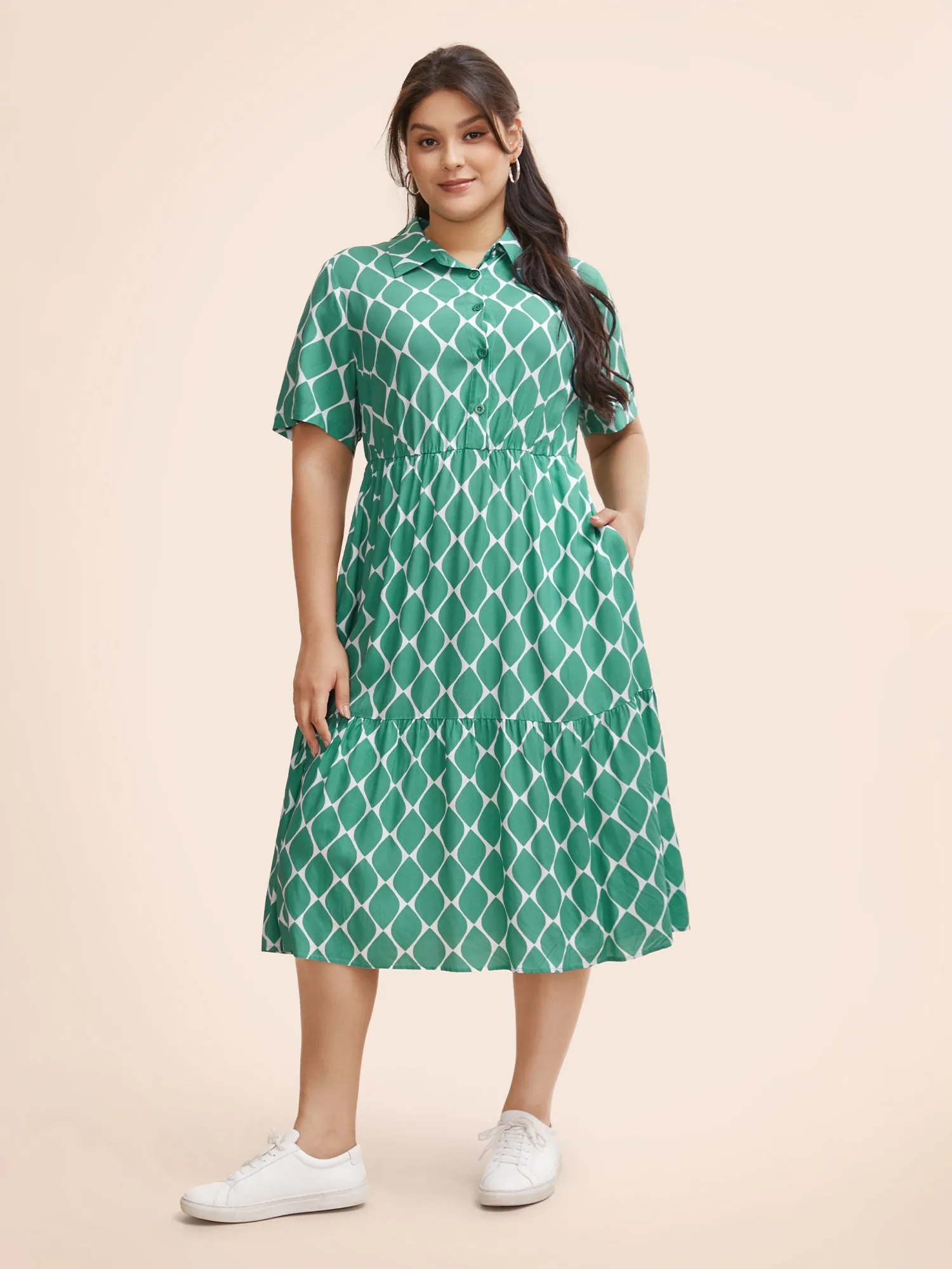 Geometric Tiered Elastic Waist Midi Shirt Dress sold by Bloomchic