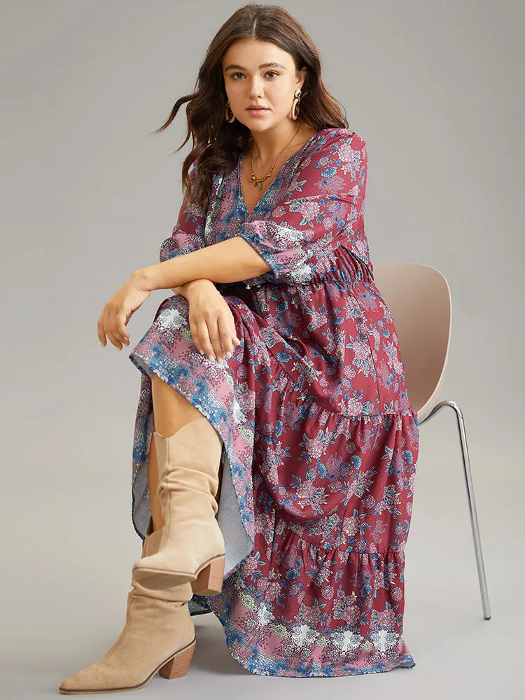 Boho Print Button Detail Ruffle Layered Hem Dress sold by Bloomchic product image thumbnail 4