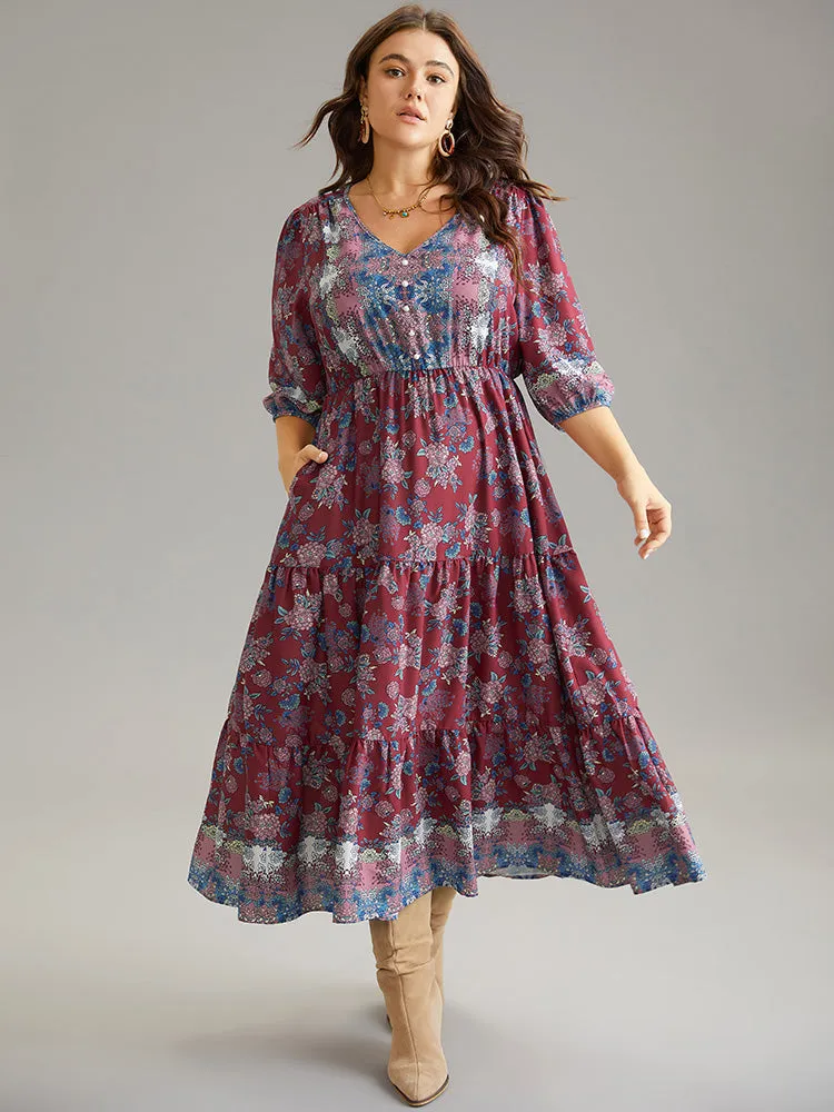 Boho Print Button Detail Ruffle Layered Hem Dress sold by Bloomchic