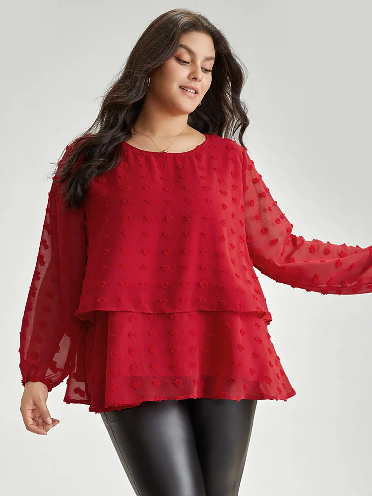 Solid Textured Lantern Sleeve Tiered Hem Blouse sold by Bloomchic