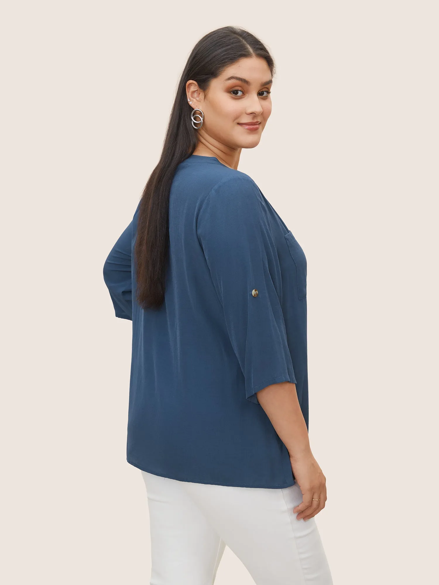 Stretchy Woven Patched Pocket Tab Sleeve Blouse sold by Bloomchic product image thumbnail 4