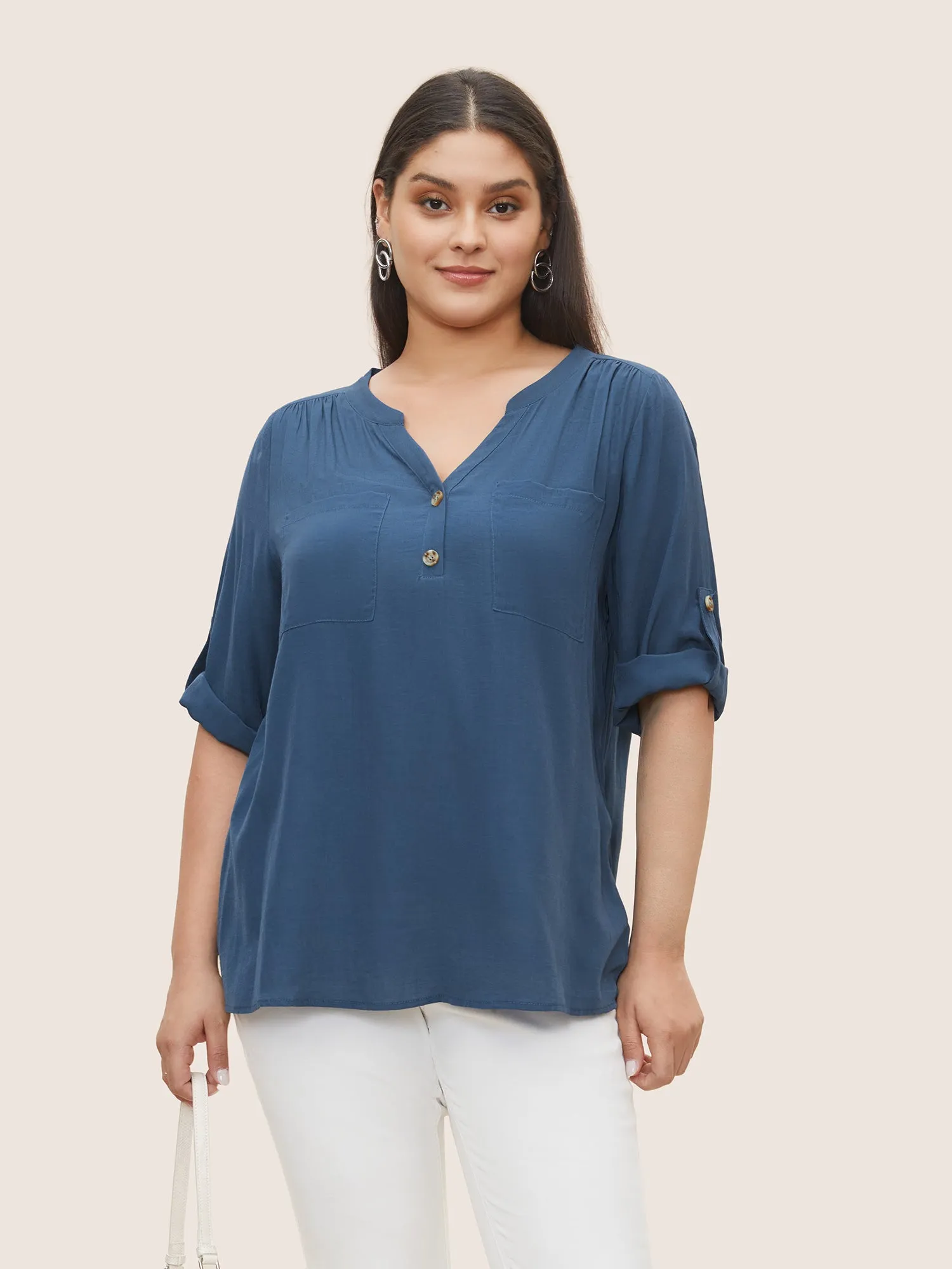 Stretchy Woven Patched Pocket Tab Sleeve Blouse sold by Bloomchic product image thumbnail 3