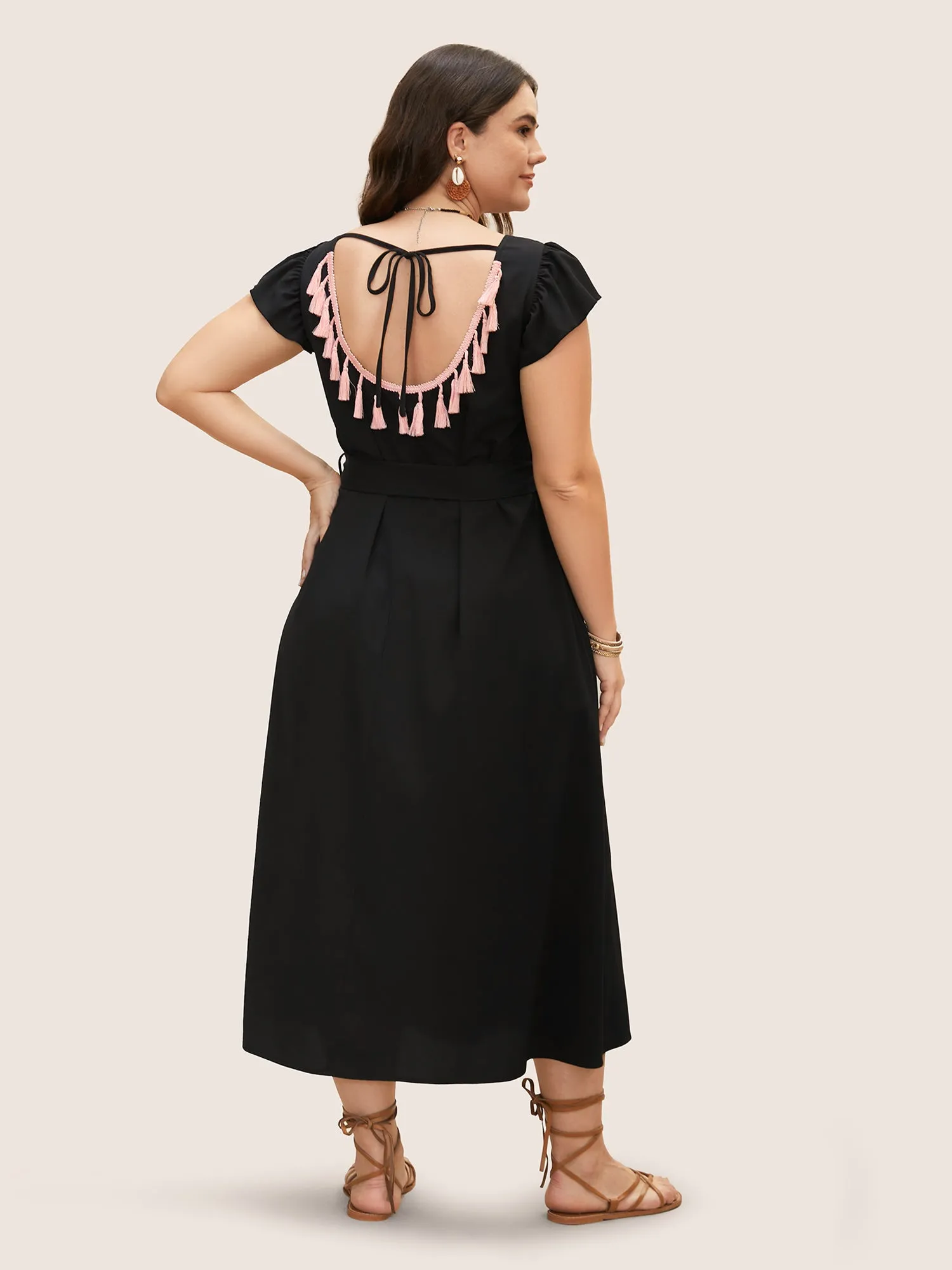 Solid Backless Tassel Trim Tie Knot Dress sold by Bloomchic