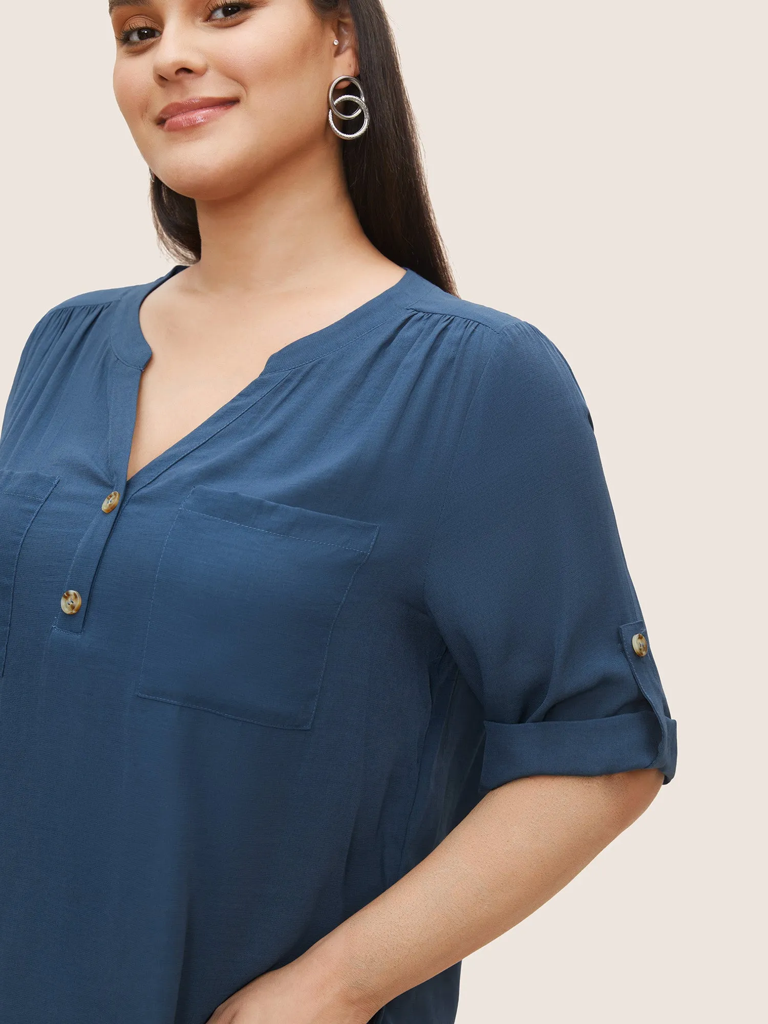 Stretchy Woven Patched Pocket Tab Sleeve Blouse sold by Bloomchic product image thumbnail 5