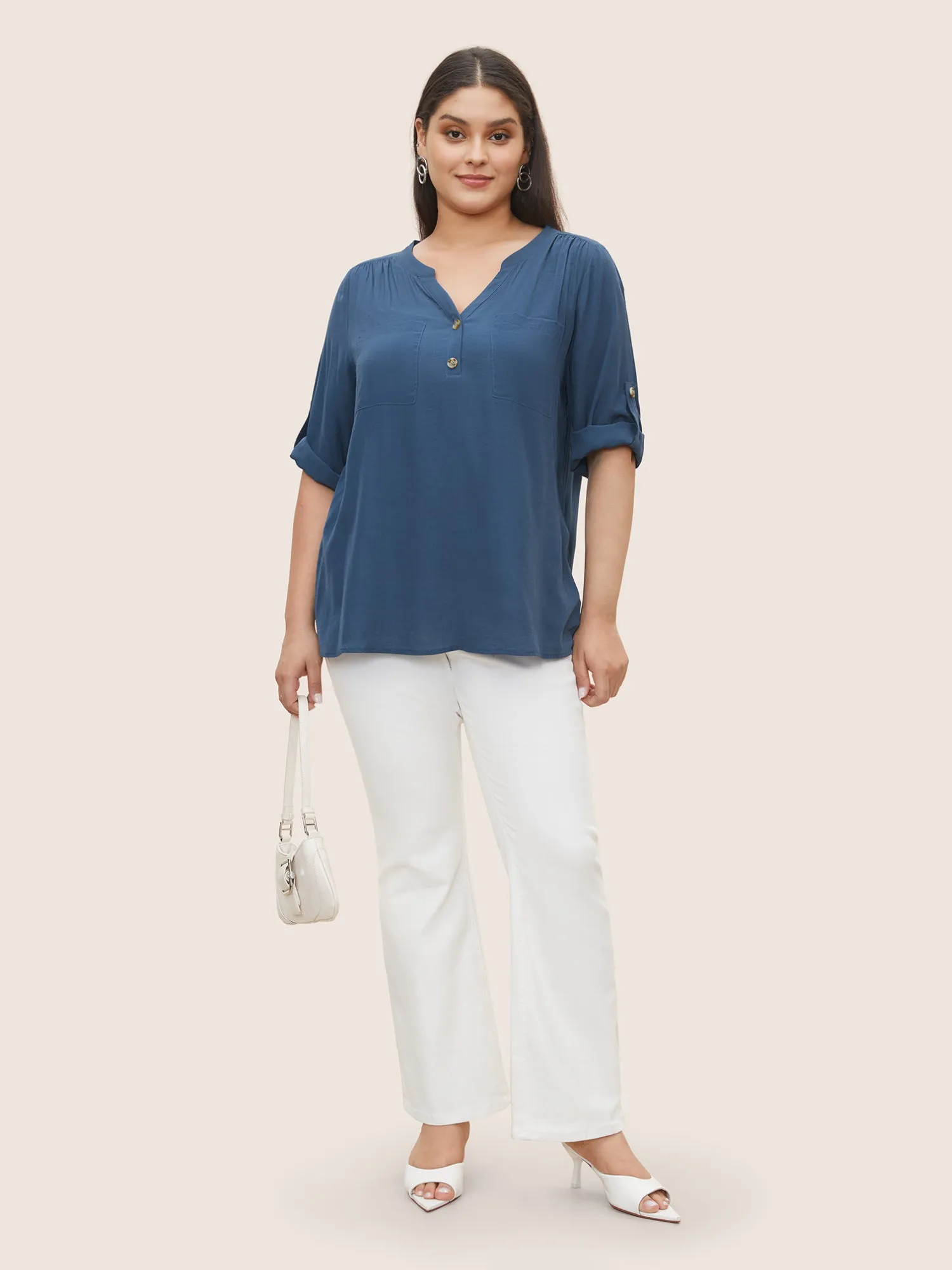 Stretchy Woven Patched Pocket Tab Sleeve Blouse sold by Bloomchic product image thumbnail 2