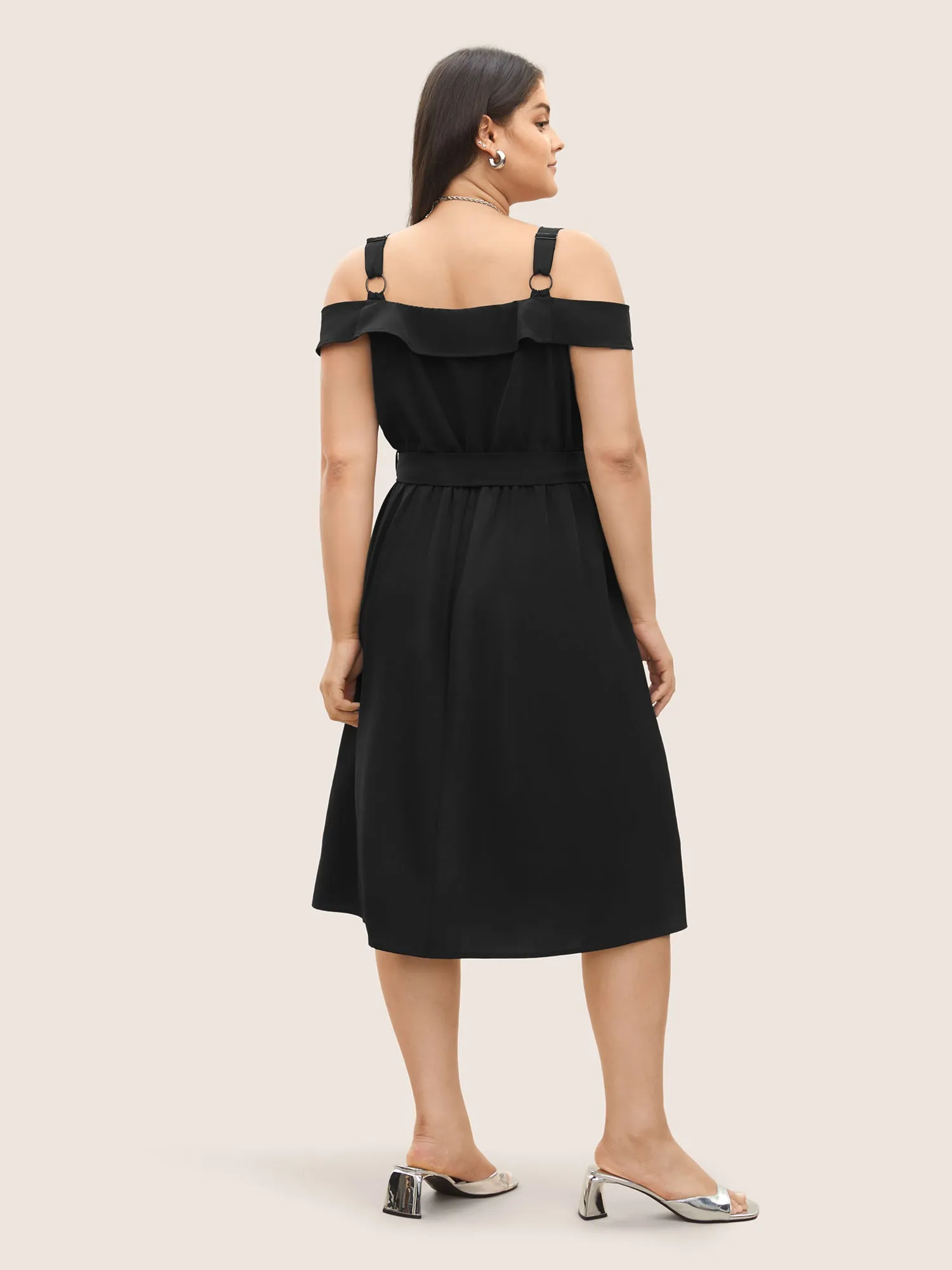 Solid Cold Shoulder Button Detail Belted Dress sold by Bloomchic product image thumbnail 4
