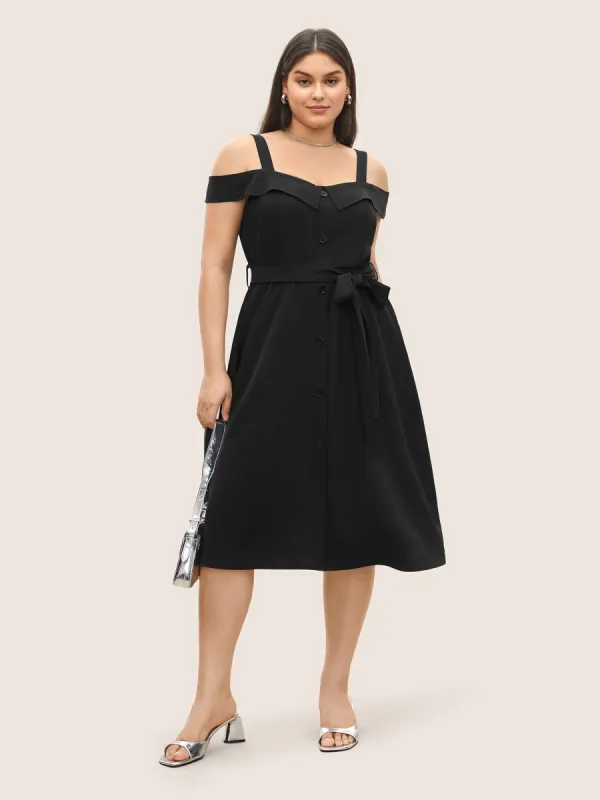 Solid Cold Shoulder Button Detail Belted Dress sold by Bloomchic