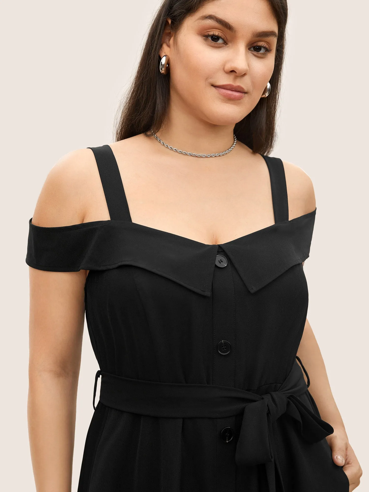 Solid Cold Shoulder Button Detail Belted Dress sold by Bloomchic product image thumbnail 2