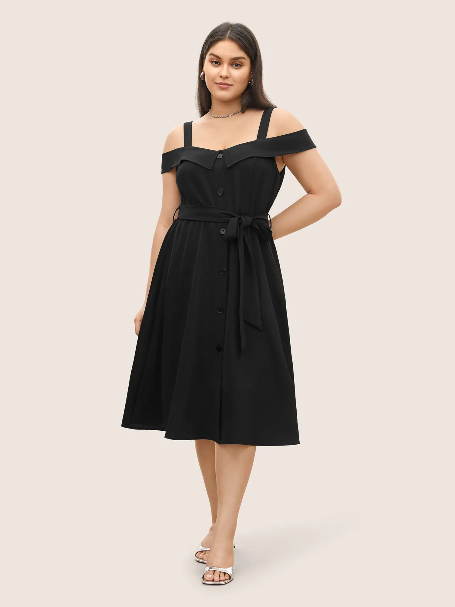 Solid Cold Shoulder Button Detail Belted Dress sold by Bloomchic product image thumbnail 3