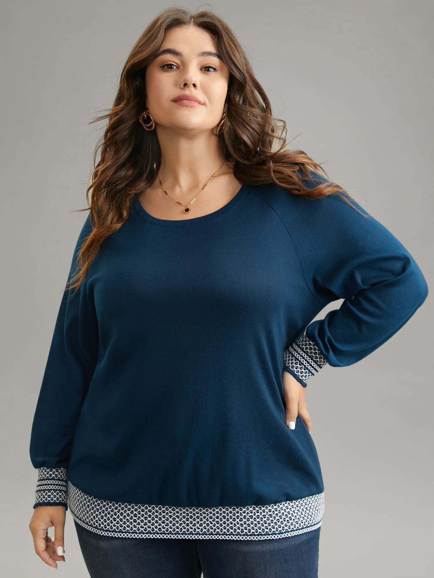 Round Neck Shirred Contrast Raglan Sleeve T-shirt sold by Bloomchic