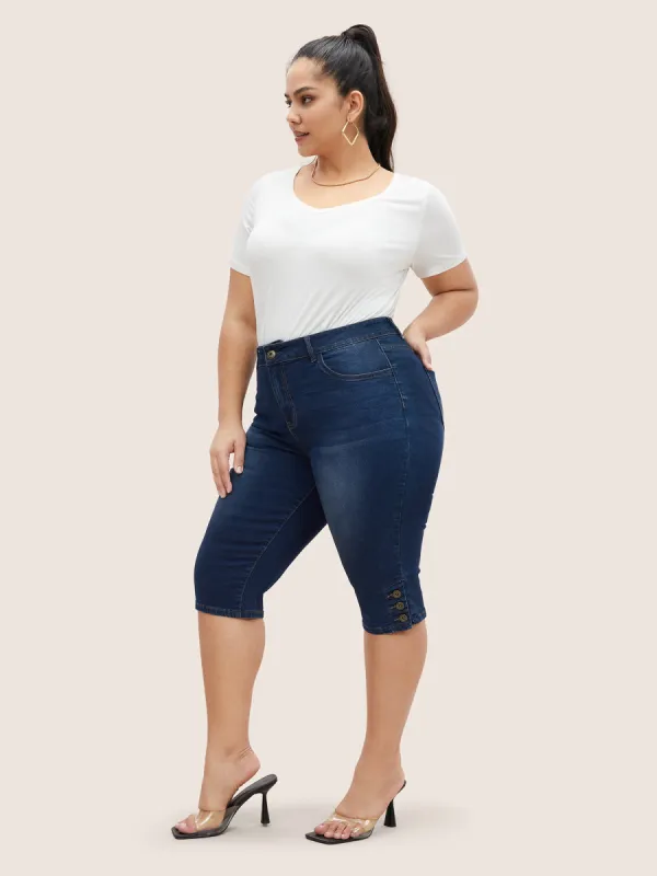 High stretch Dark Wash Button Hem Cropped Jeans sold by Bloomchic