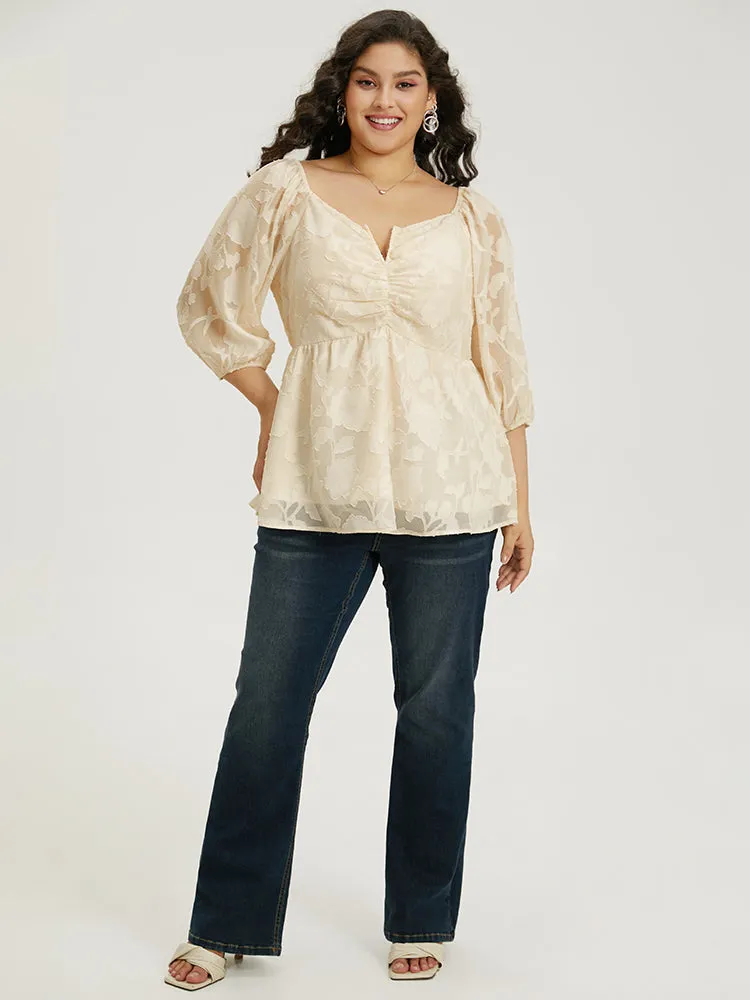 Plain Notched Ruched Lantern Sleeve Mesh Blouse sold by Bloomchic product image thumbnail 4