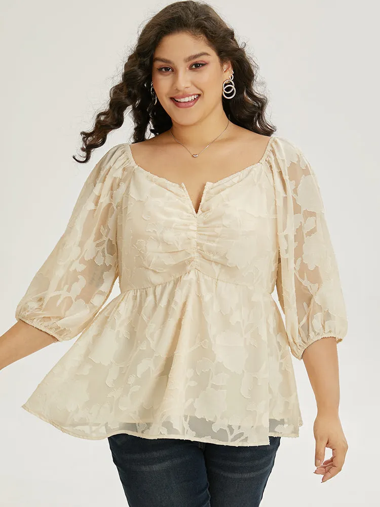Plain Notched Ruched Lantern Sleeve Mesh Blouse sold by Bloomchic