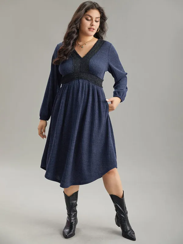 Rib Knit Lace Panel Contrast Pocket Dress sold by Bloomchic