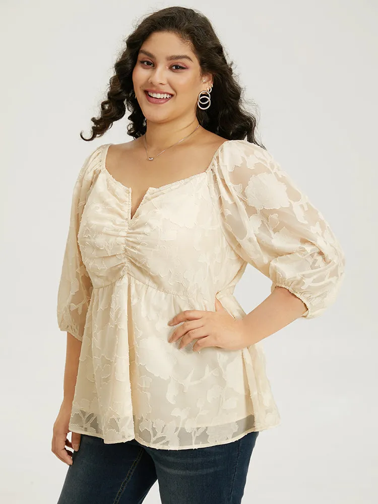 Plain Notched Ruched Lantern Sleeve Mesh Blouse sold by Bloomchic product image thumbnail 5