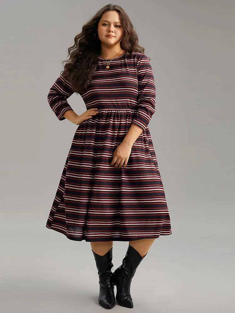 Striped Print Round Neck Pocket Elastic Waist Dress sold by Bloomchic