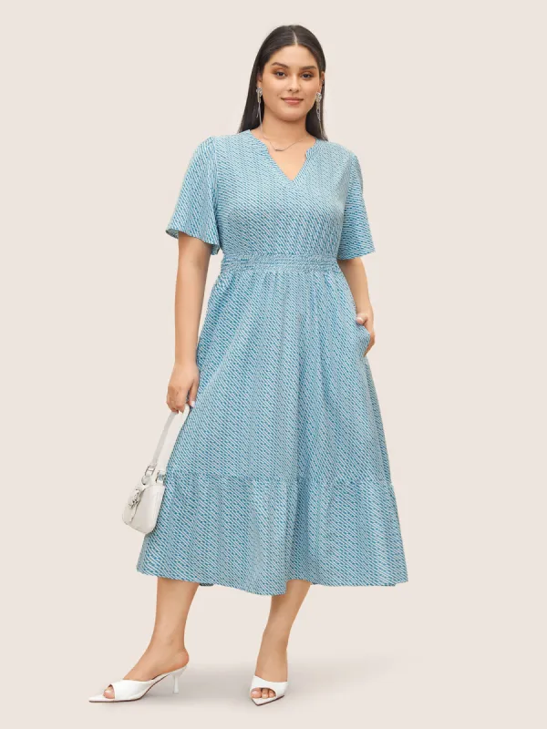 Geometric Patchwork Shirred Flat Collar With V Notch Dress sold by Bloomchic