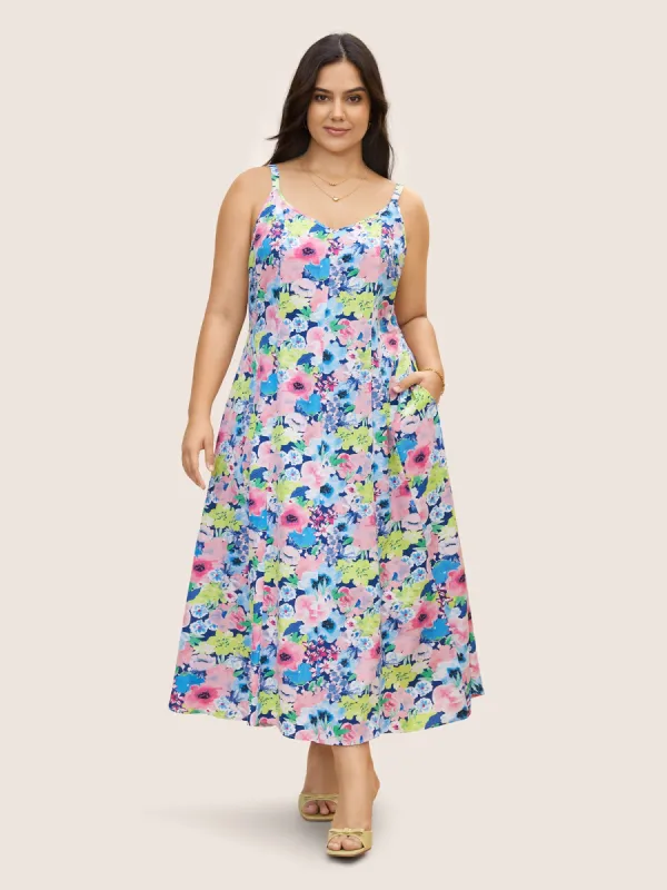 V Neck Watercolor Floral Pleated Maxi Dress sold by Bloomchic