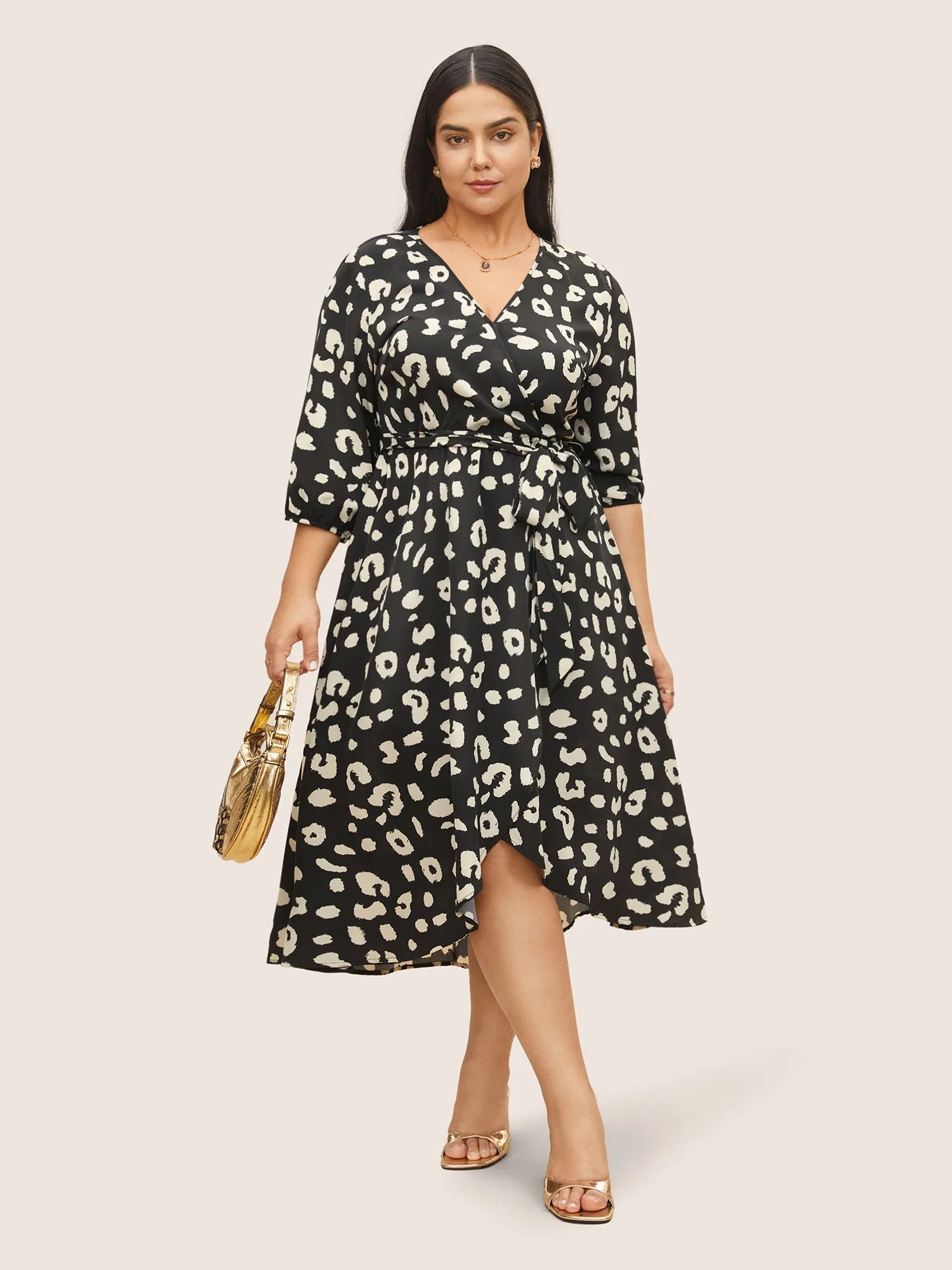 Leopard Overlap Collar Elastic Waist Belted Dress sold by Bloomchic