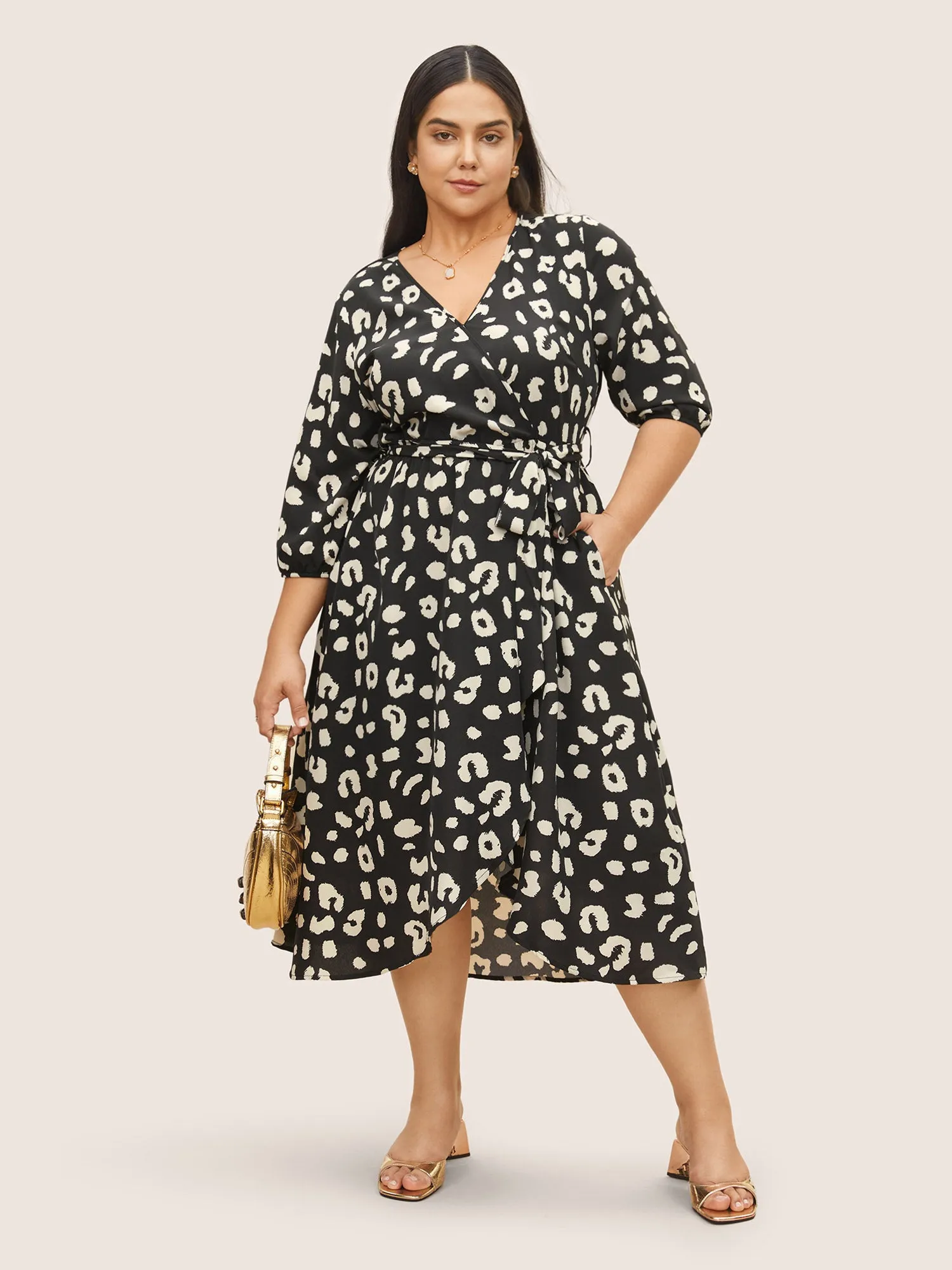 Leopard Overlap Collar Elastic Waist Belted Dress sold by Bloomchic product image thumbnail 2