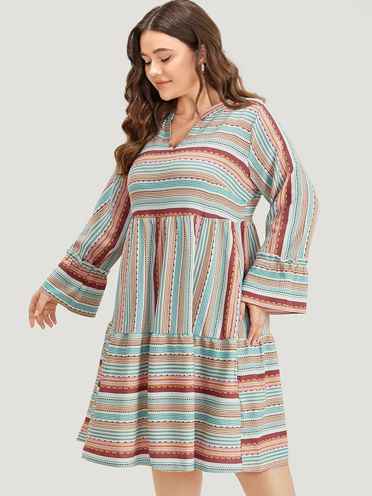 Contrast Striped Notched Layered Hem Bell Sleeve Dress sold by Bloomchic product image thumbnail 5