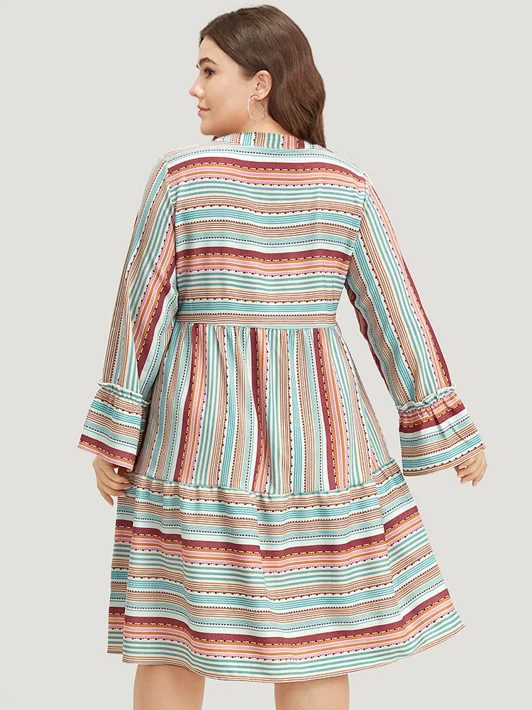 Contrast Striped Notched Layered Hem Bell Sleeve Dress sold by Bloomchic product image thumbnail 2