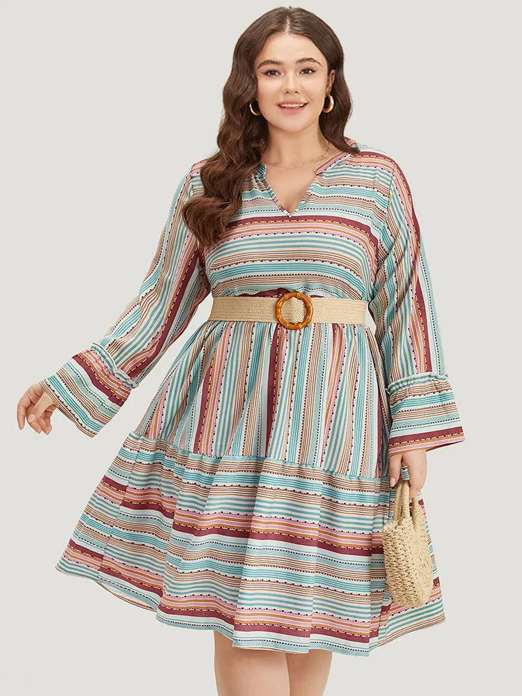 Contrast Striped Notched Layered Hem Bell Sleeve Dress sold by Bloomchic product image thumbnail 3