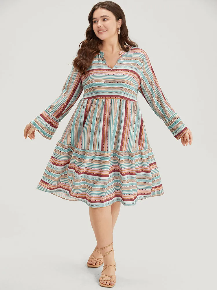 Contrast Striped Notched Layered Hem Bell Sleeve Dress sold by Bloomchic product image thumbnail 4