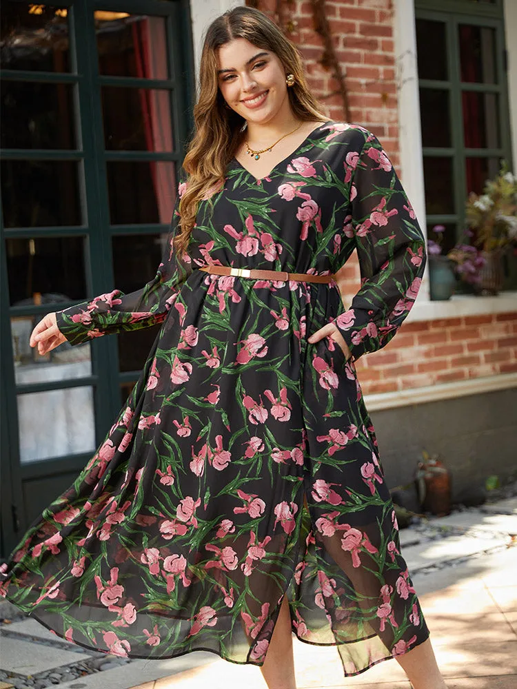 Floral Print Chiffon Split Side Elastic Waist Dress sold by Bloomchic product image thumbnail 5