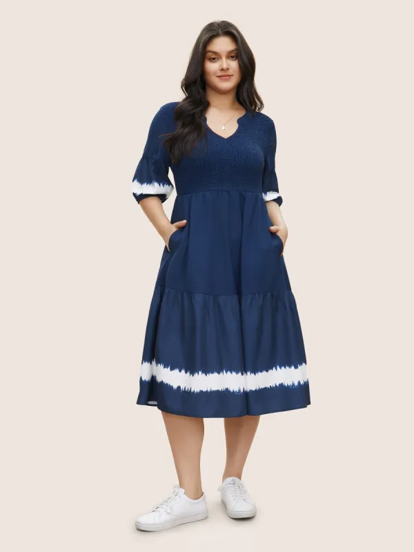 Tie Dye Shirred Pocket Notched Dress sold by Bloomchic