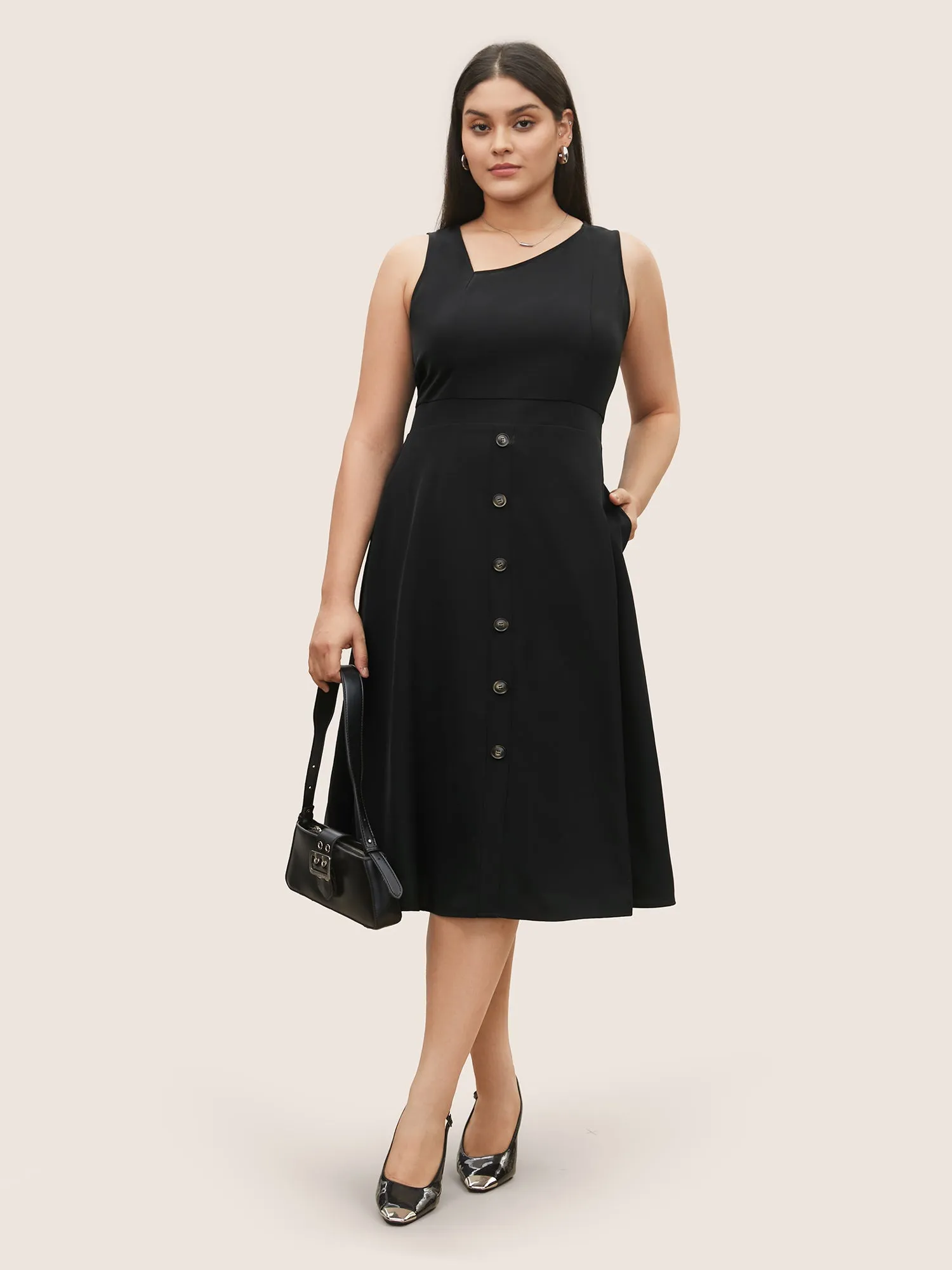 Asymmetrical Neck Button Detail Midi Dress sold by Bloomchic product image thumbnail 2