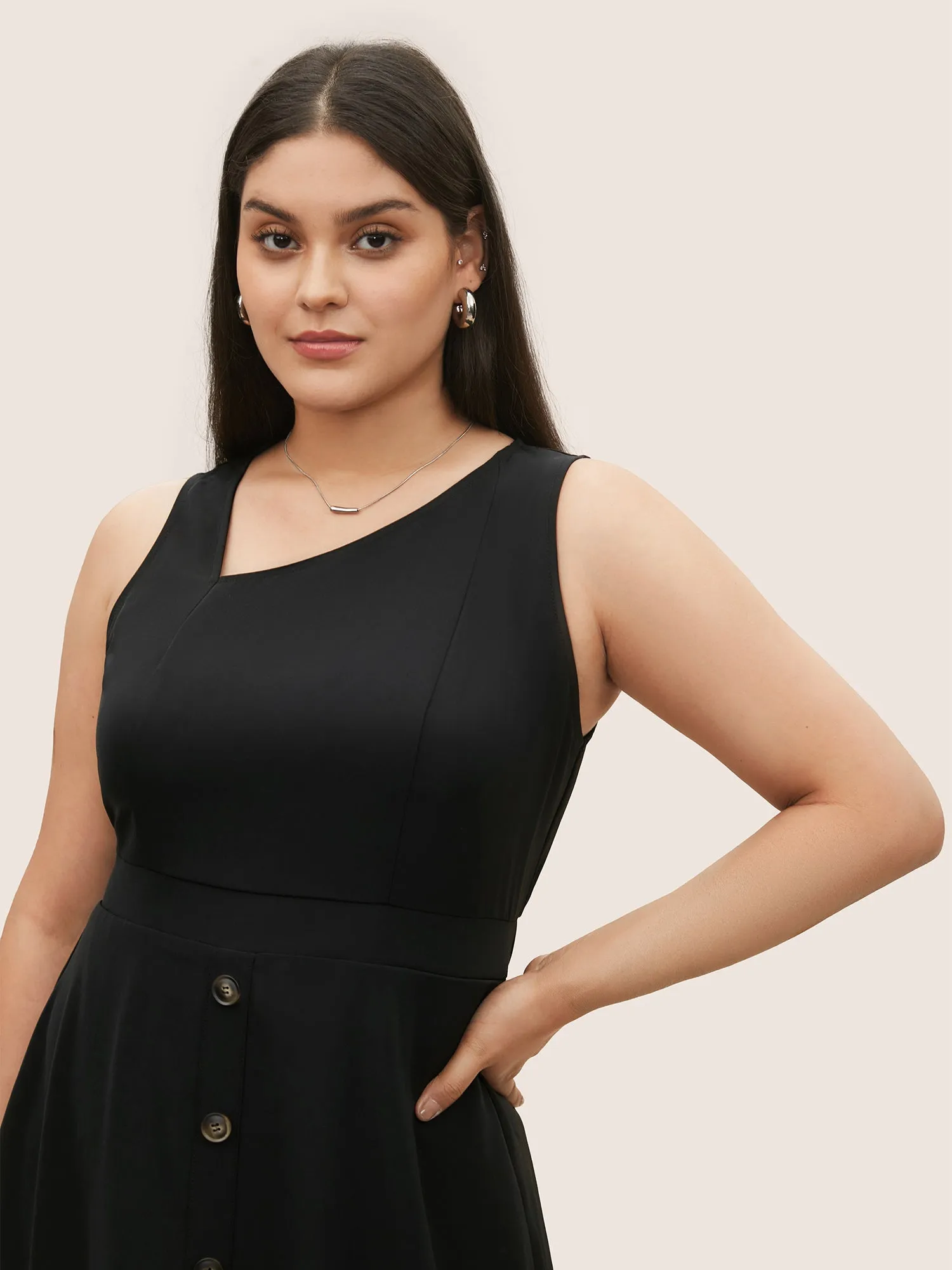 Asymmetrical Neck Button Detail Midi Dress sold by Bloomchic product image thumbnail 3