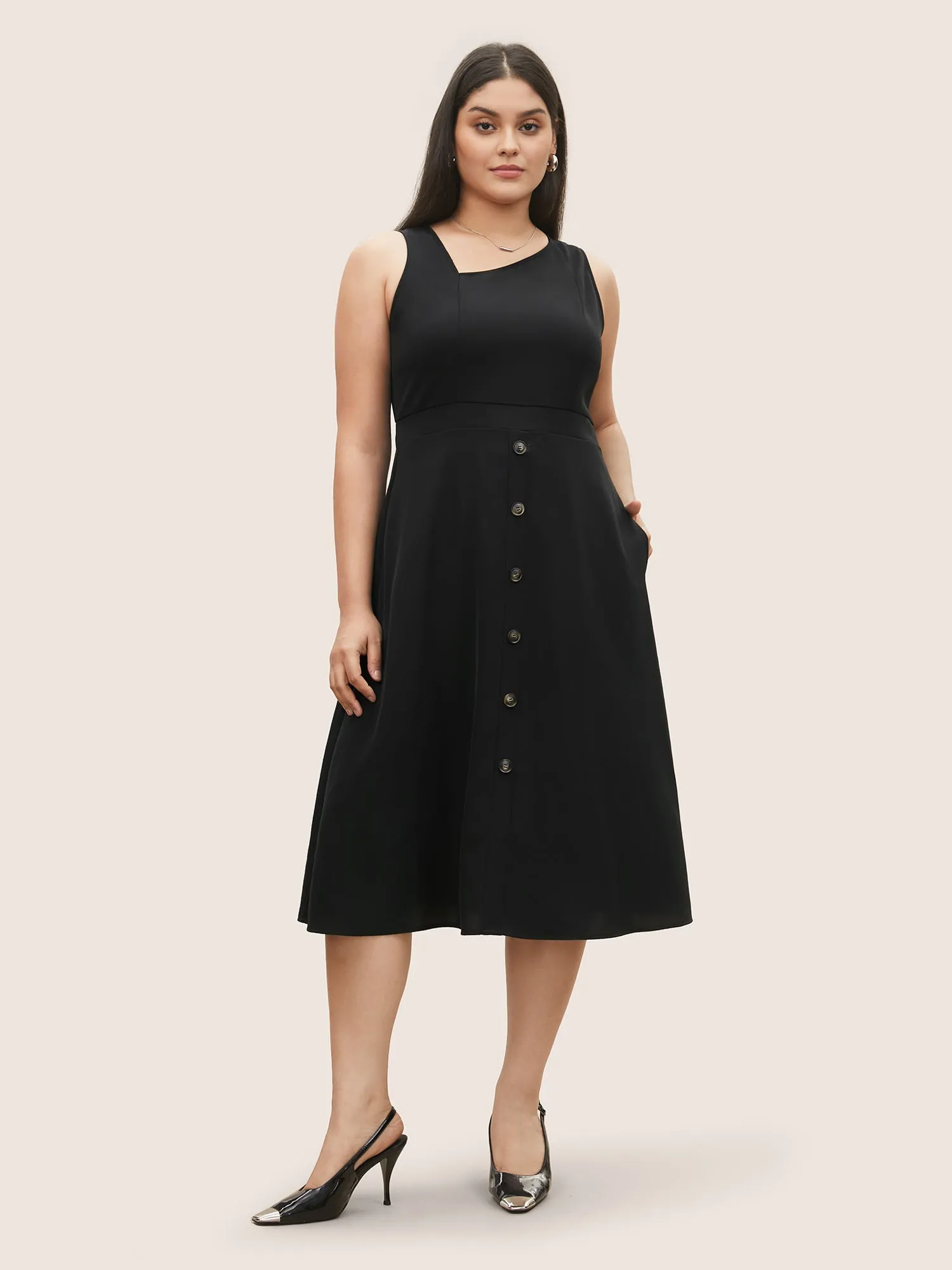 Asymmetrical Neck Button Detail Midi Dress sold by Bloomchic