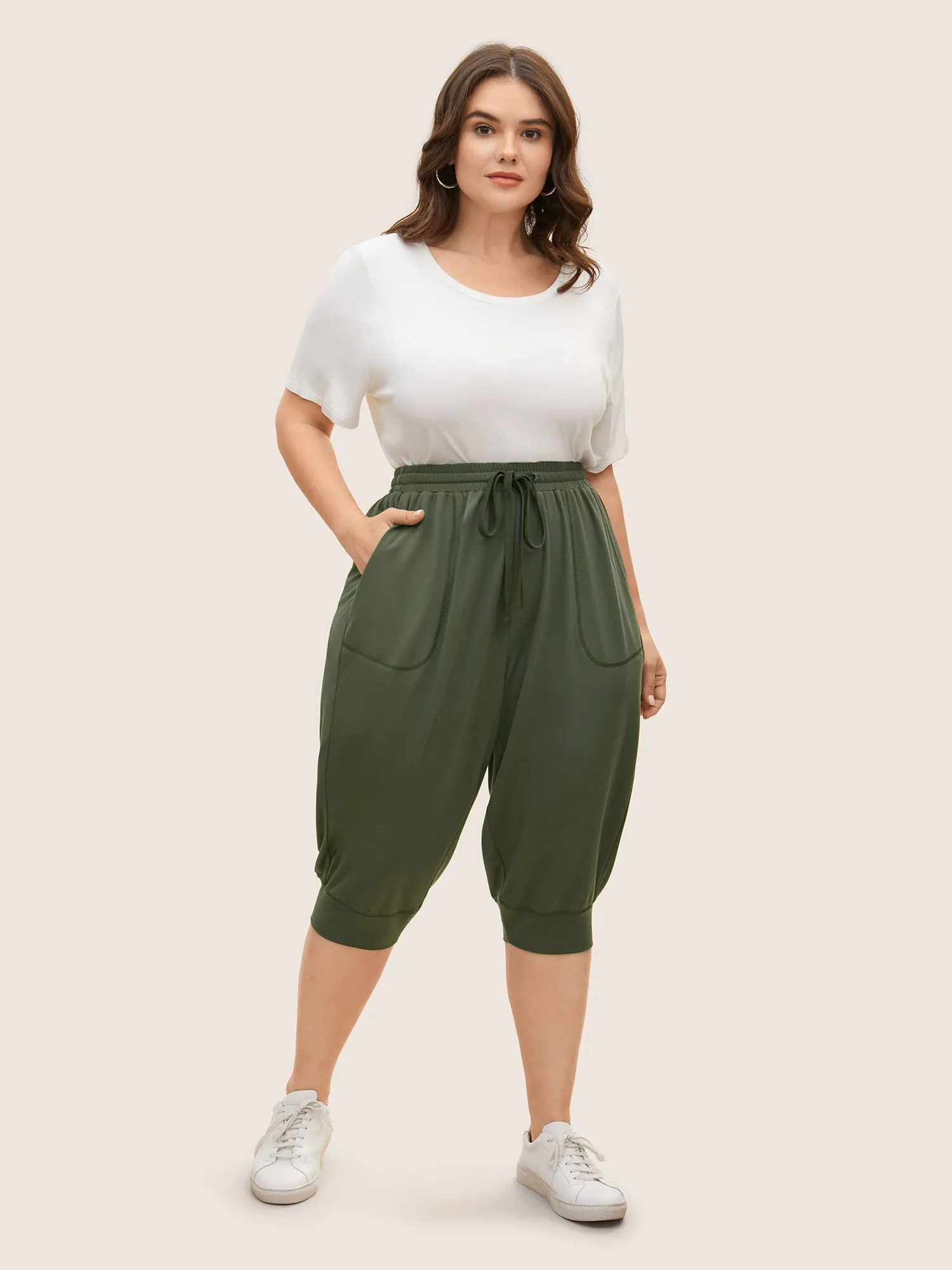 Solid Drawstring Topstitching Mid Rise Carrot Pants sold by Bloomchic product image thumbnail 2