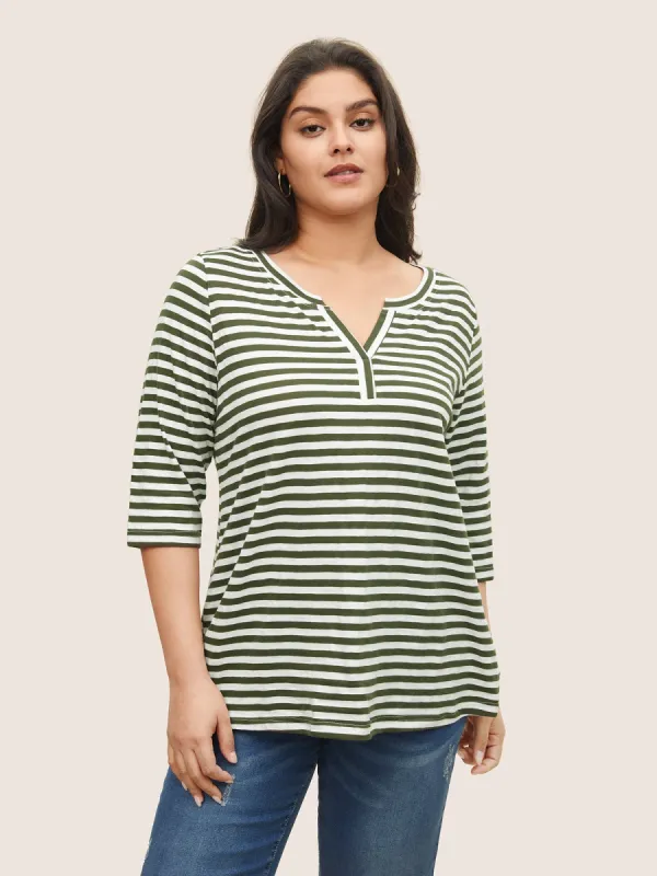 Striped Print Notched T-shirt sold by Bloomchic