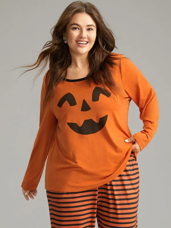 Halloween Pumpkin Print Crew Neck Sleep Top sold by Bloomchic