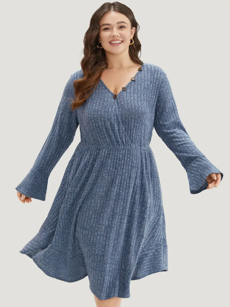 Rib Knit Button Detail Pocket Bell Sleeve Dress sold by Bloomchic product image thumbnail 3