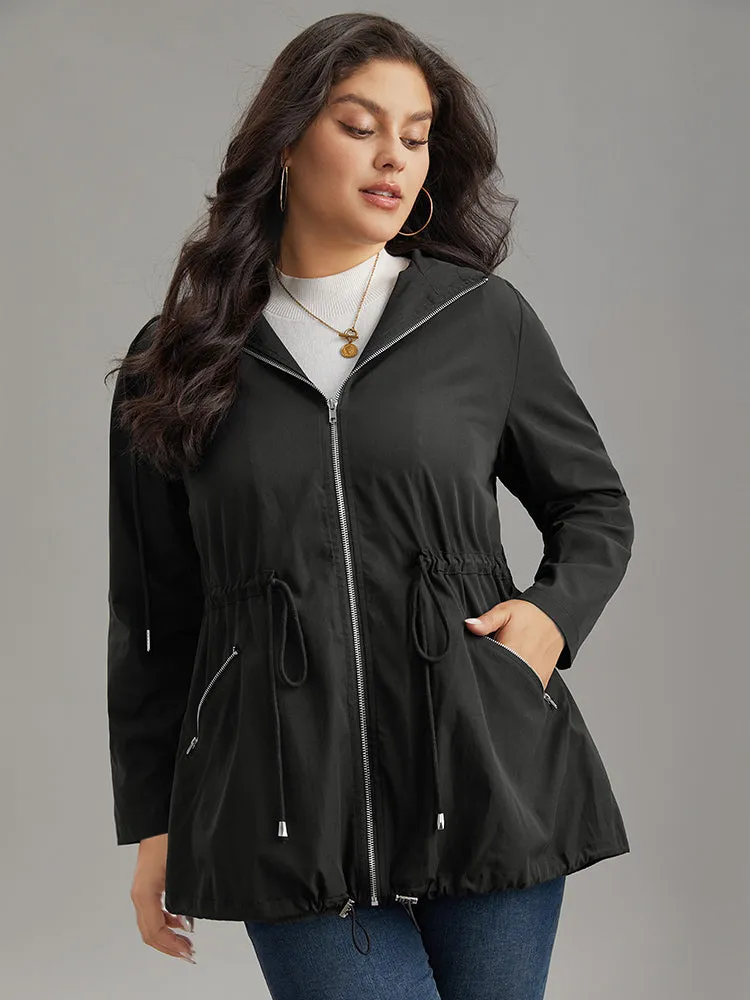 Solid Hooded Drawstring Zipper Jacket sold by Bloomchic