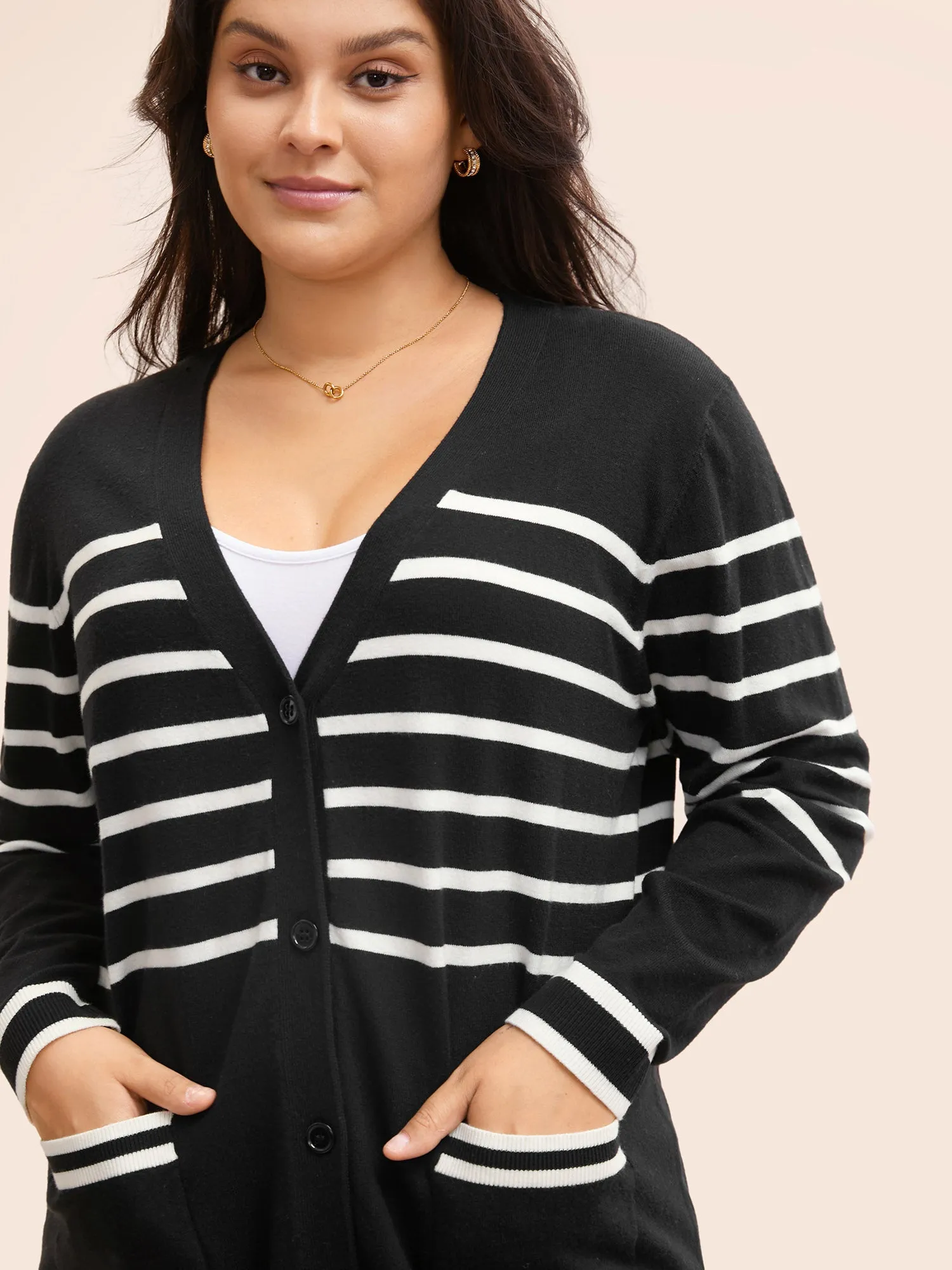 Striped V Neck Button Up Pocket Cardigan sold by Bloomchic product image thumbnail 5