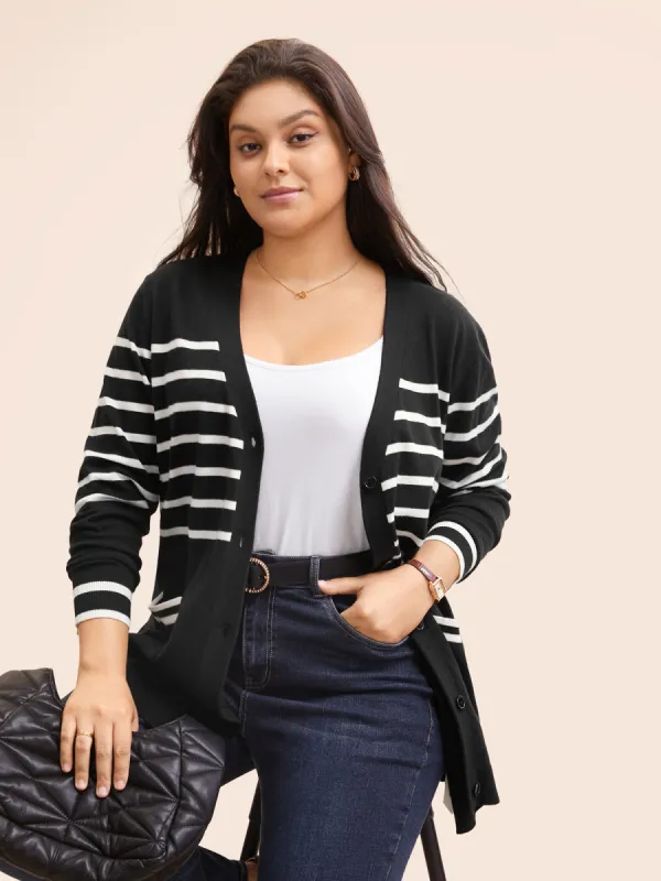 Striped V Neck Button Up Pocket Cardigan sold by Bloomchic