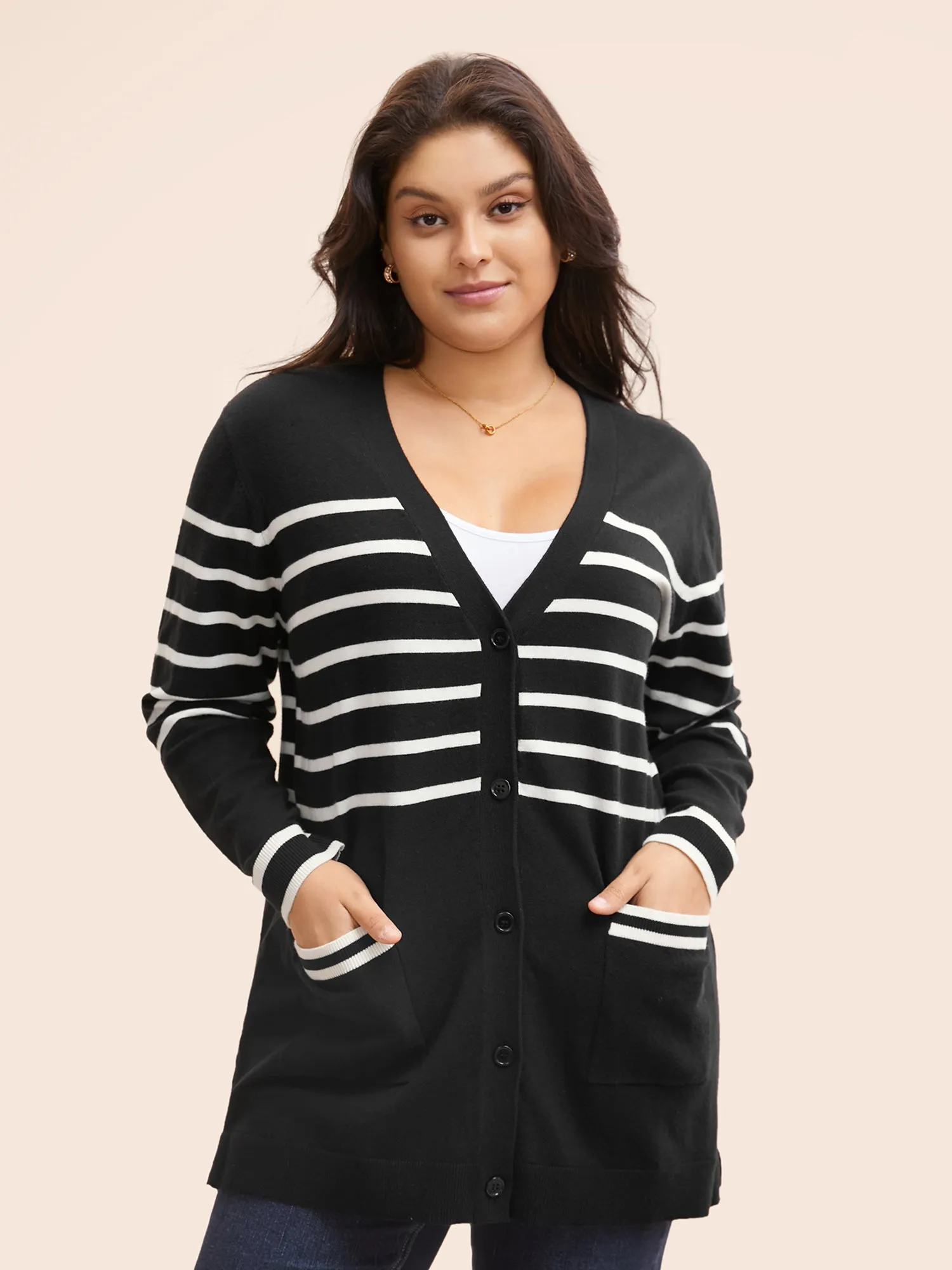 Striped V Neck Button Up Pocket Cardigan sold by Bloomchic product image thumbnail 4
