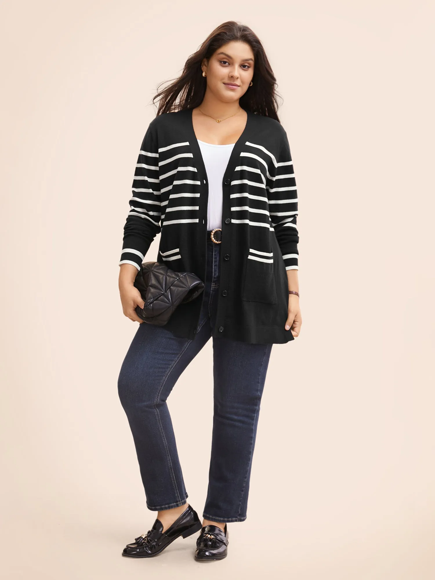 Striped V Neck Button Up Pocket Cardigan sold by Bloomchic product image thumbnail 3