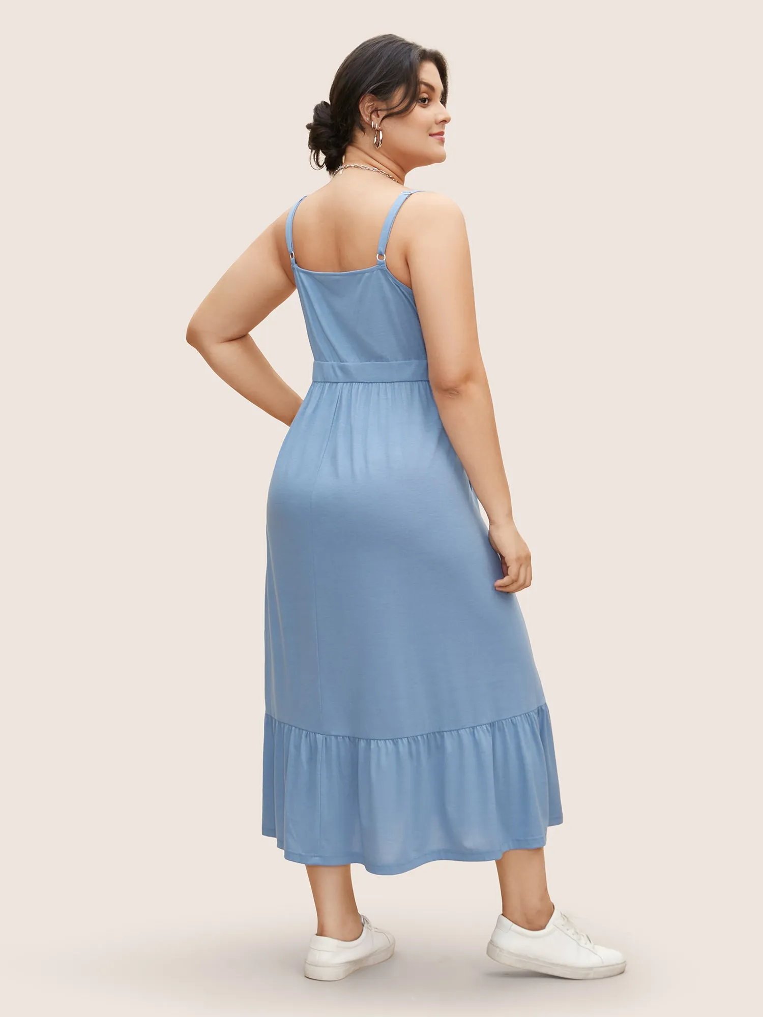 U Neck Solid Patchwork Ruffle Hem Maxi Dress sold by Bloomchic product image thumbnail 4