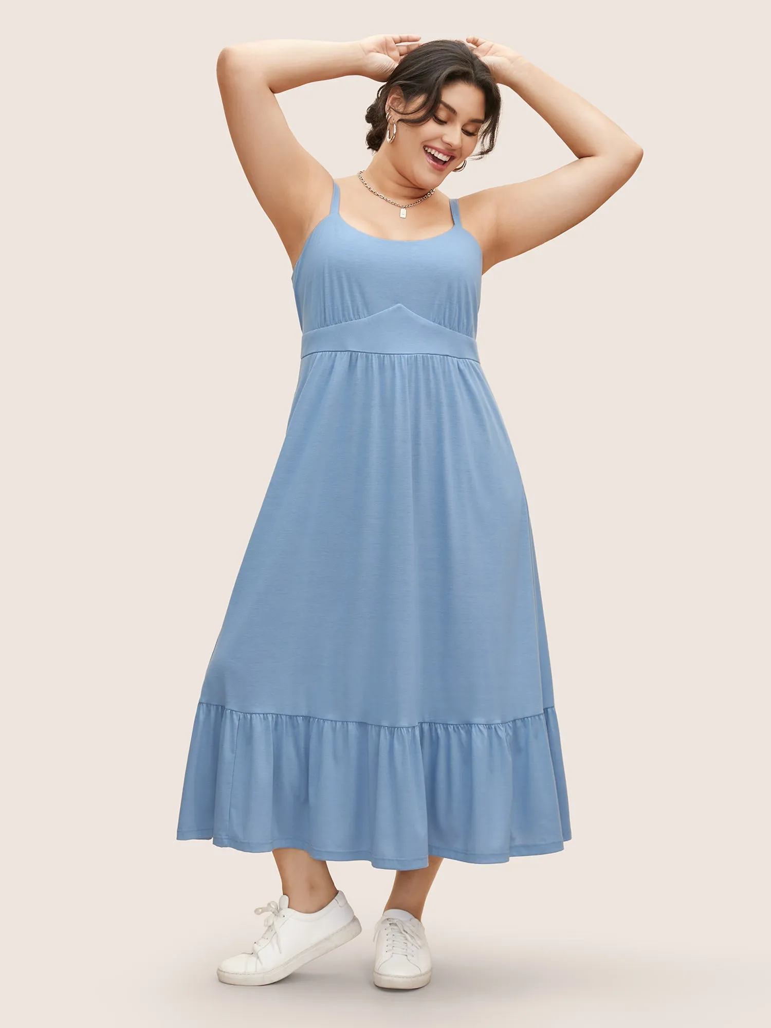 U Neck Solid Patchwork Ruffle Hem Maxi Dress sold by Bloomchic