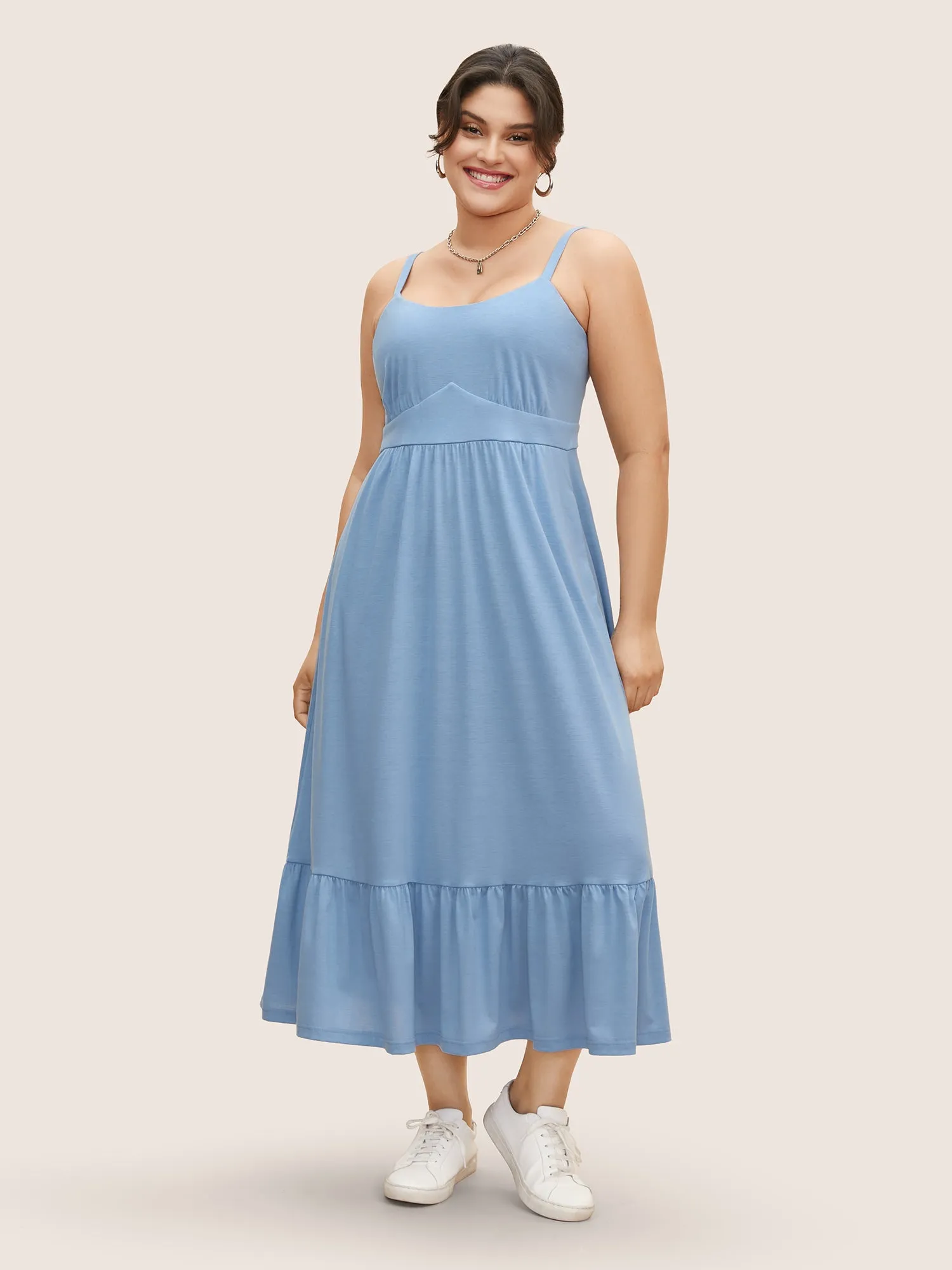 U Neck Solid Patchwork Ruffle Hem Maxi Dress sold by Bloomchic product image thumbnail 2