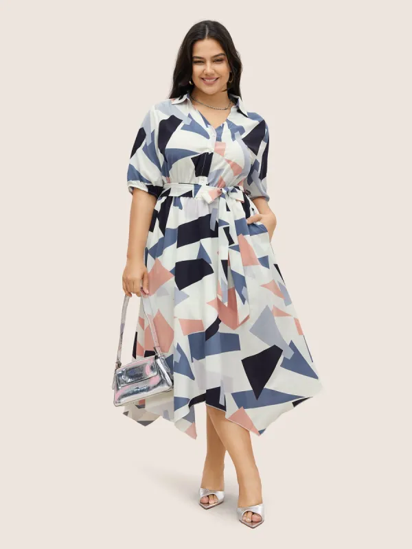 Geometric Polo Neck Button Up Belted Dress sold by Bloomchic